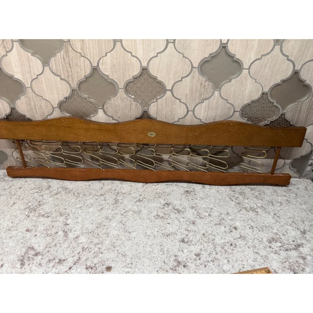 Vintage Lobeco Wood and Gold Wire Tie Belt Rack Wall Mount Organizer Handcrafted